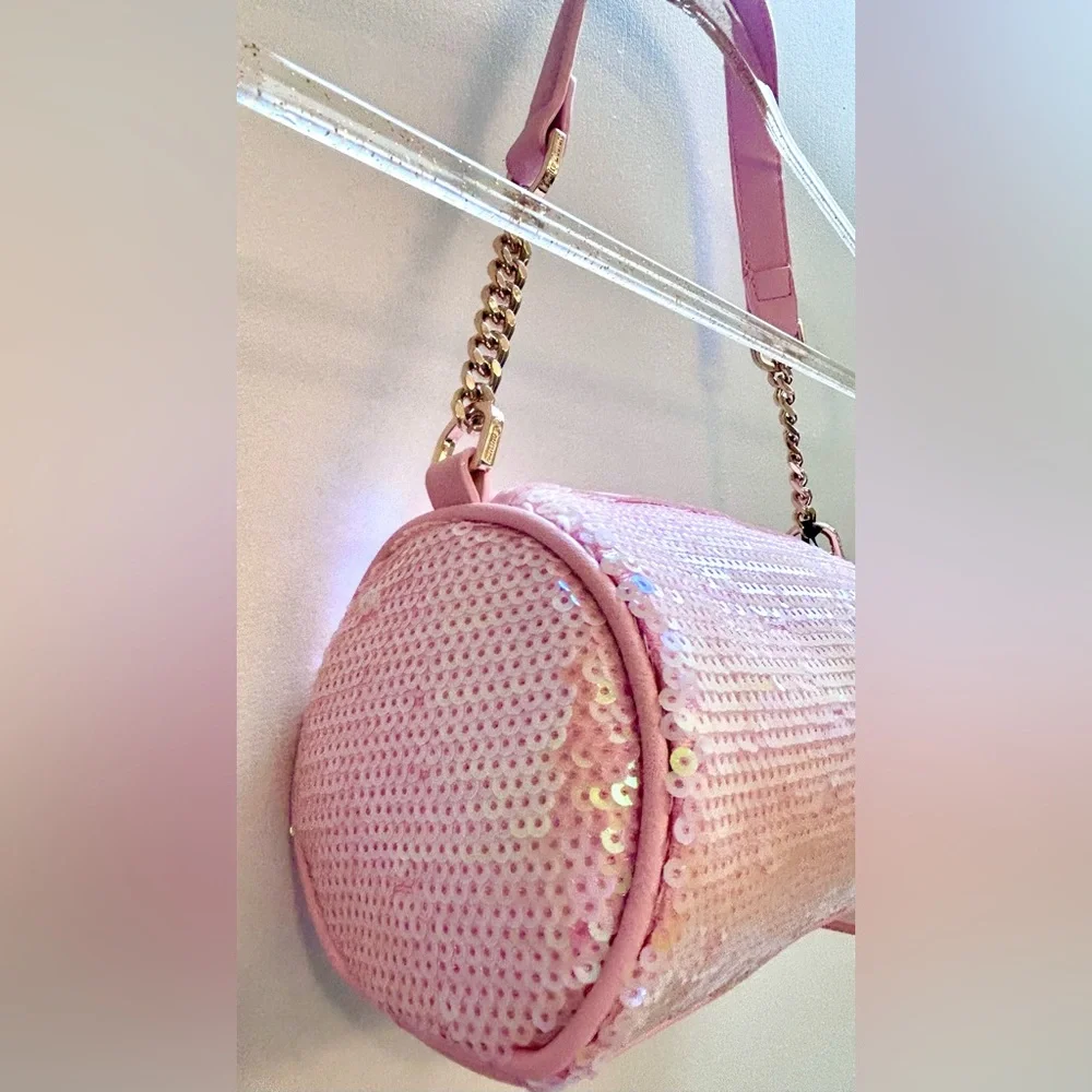 NWT JUICY Couture Pink Sequin Barrel Heart Shoulder Bag Gold look Chain Handle - Picture 7 of 14
